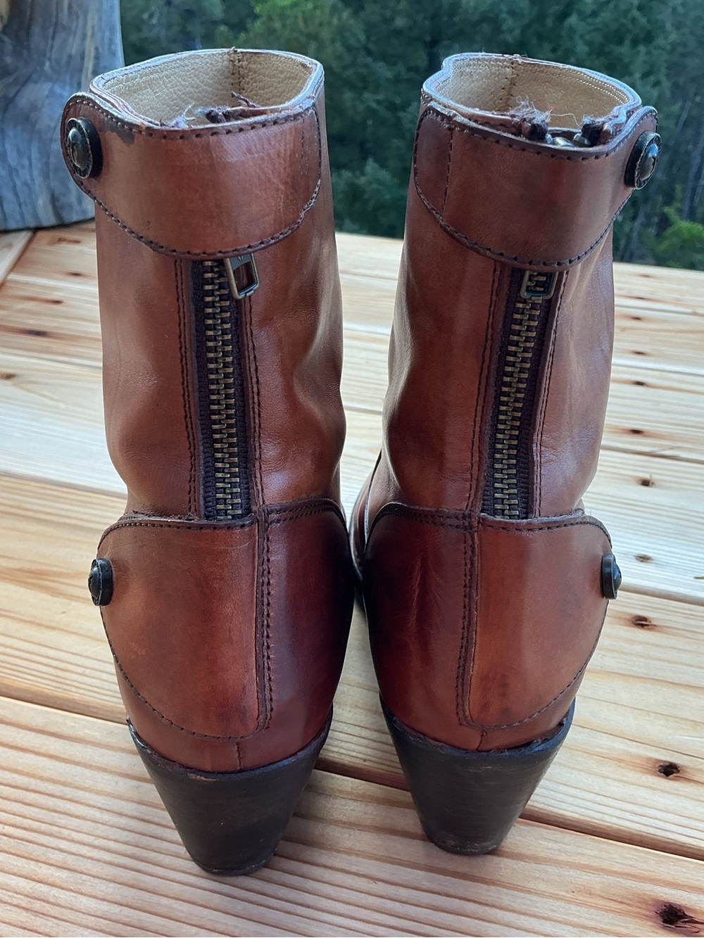 Frye Jackie Leather Ankle Boots 8B Cognac Brown Button Strap Western Block Heel - Picture 9 of 16